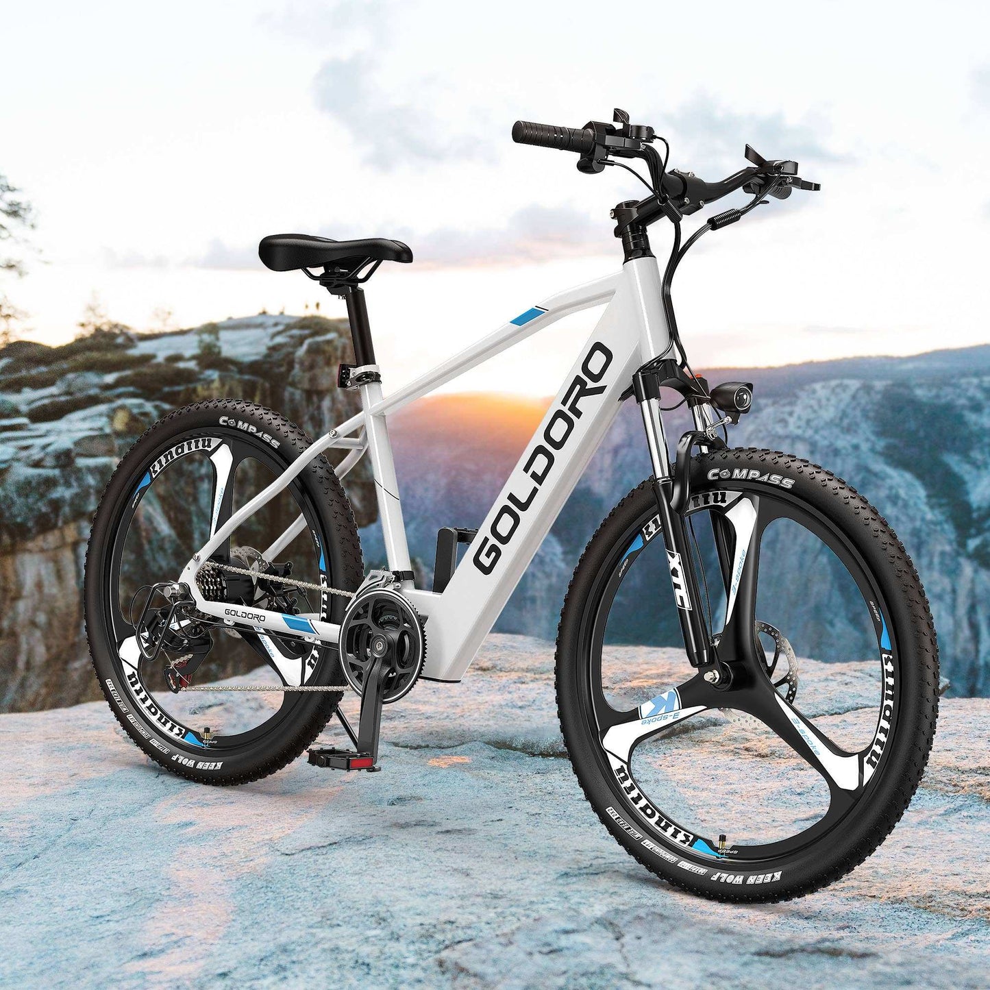 E-Bike Rentals - Goldoro Electric Bike 26" X7 Aluminum Alloy Mountain Bike on rocky terrain.