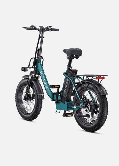 Sea green Engwe L20 2.0 e-bike for rent, featuring a 750W motor, 80-mile range, and foldable design for fitness and outdoor adventures.