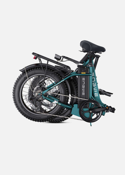 Sea green ENGWE L20 2.0 e-bike folded for storage; features 750W motor, 80-mile range, step-thru design. Perfect for fitness and outdoor adventures.