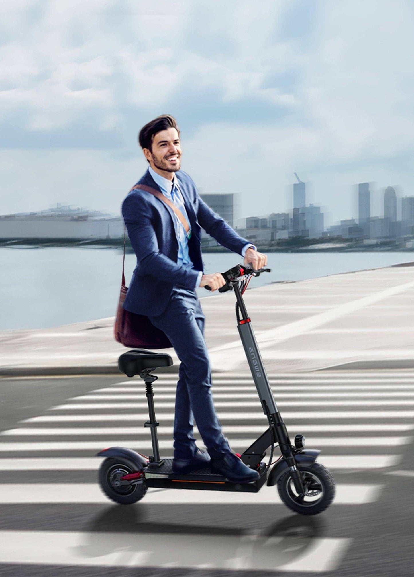 Seated e-scooter ENGWE Y600 in use by a rider, offering a 70 km range and 600W motor, suited for city travel.