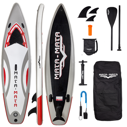 MATA MATA Shark Flight 10' inflatable paddle board with accessories including fins, paddle, pump, and bag.