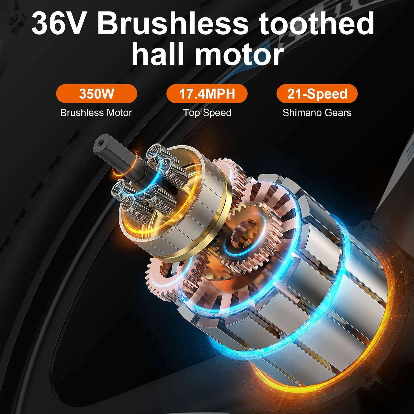 36V brushless motor with 350W power, 17.4 MPH top speed, and 21-speed Shimano gears.