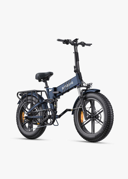 Midnight Blue Engwe Engine Pro 2.0 folding e-bike, 1200W peak, designed for outdoor adventures with 20-inch tires and a durable aluminum frame.