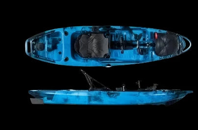 10' outfitted fishing kayak with pedal and rudder system, blue, available for rental.