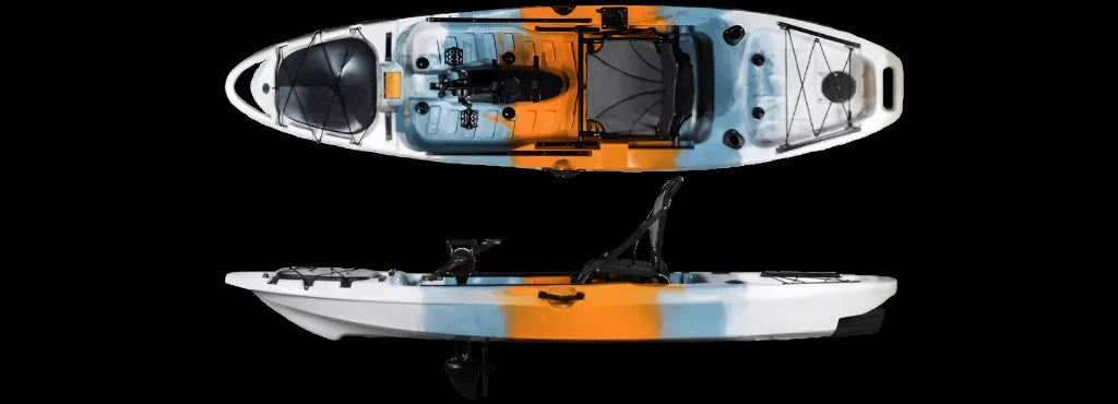 10' outfitted fishing kayak with pedal and rudder system for rental, ideal for various water adventures.