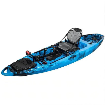 10-foot outfitted fishing kayak for rental with pedal and rudder system.