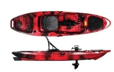 10' outfitted fishing kayak rental with pedal and rudder system in red, ideal for lakes and coastal waters.