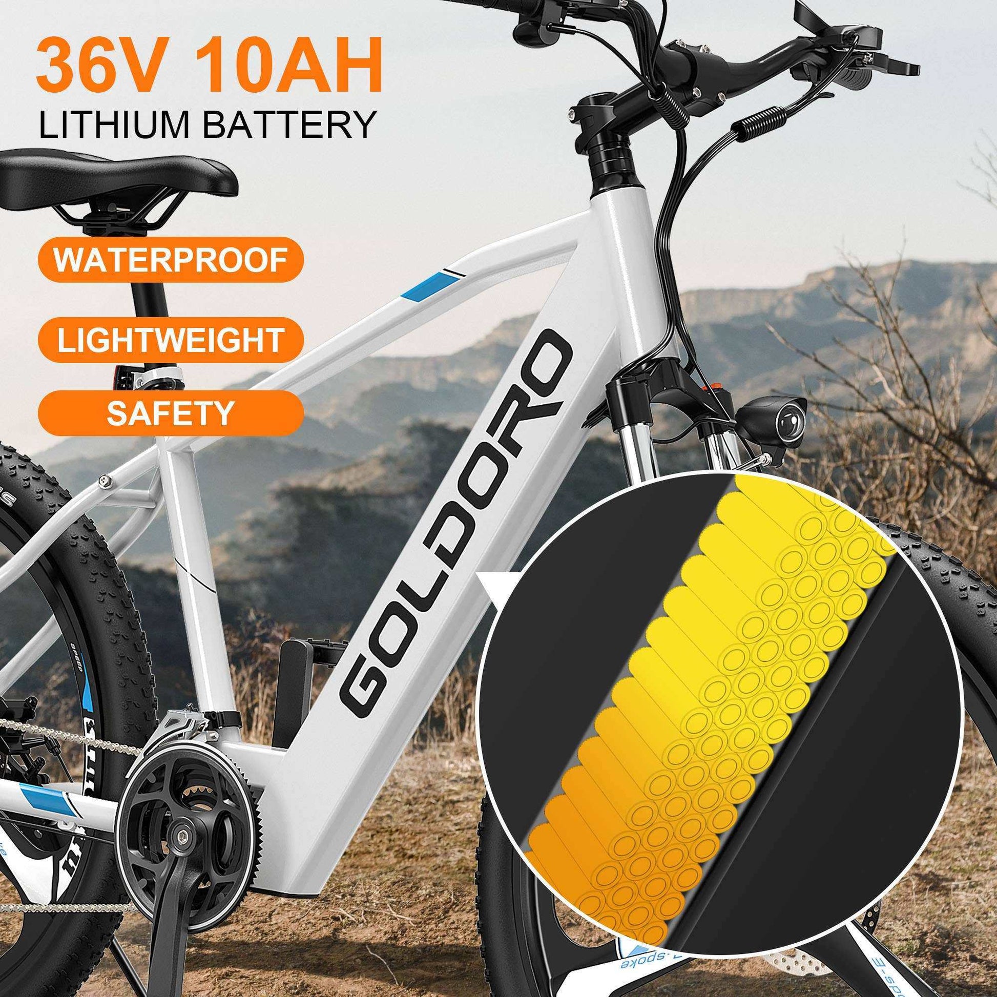 E-Bike Rentals - Goldoro Electric Bike 26" X7 Aluminum Alloy Mountain Bike with 36V 10AH battery; lightweight and waterproof features.