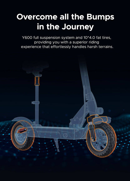 ENGWE Y600 E-Scooter with suspension system and 10*4.0 tires for smooth riding on tough terrains.