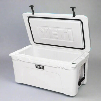 YETI Tundra 75 Cooler with open lid showing interior and secure latches.